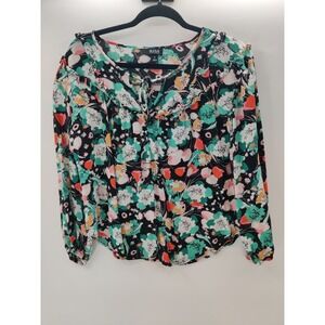 ANA A New Approach Floral Ruffle Tie Neck Blouse Black Teal Pink Medium